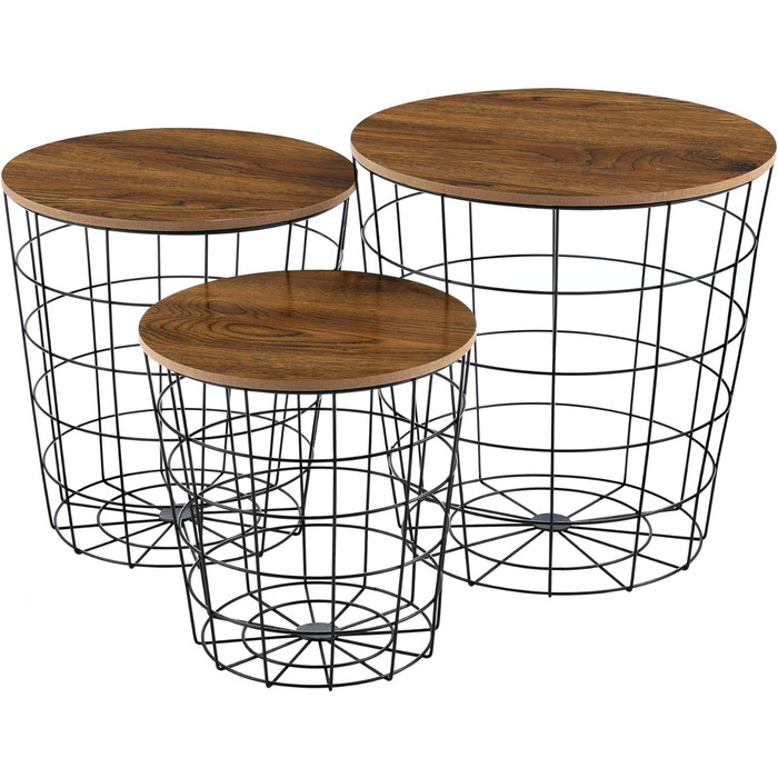 Набір столиків [en.casa] 3 в 1: металеві кошики, журнальні столики, чорний/античний дуб, декор