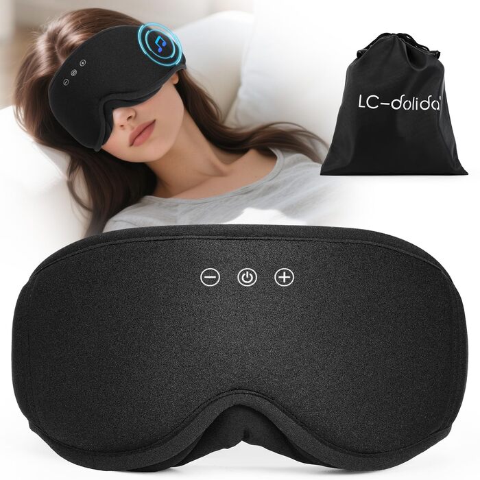 Маска для сну з навушниками Bluetooth 3D LC-Dolida для жінок та чоловіків, повна світлоізоляція, комфорт протягом усієї ночі, м'які навушники для сну під час подорожей, чорний колір
