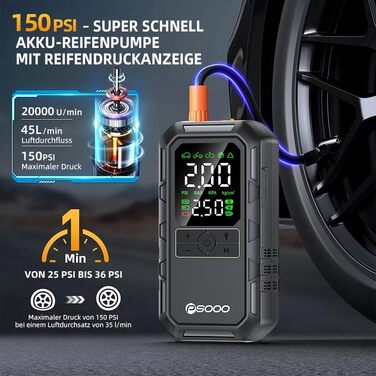 Пусковий пристрій PSOOO 8000A з компресором 160 PSI, портативний бустер для автомобілів (бензин/дизель 12L), павербанк з LED-ліхтарем, чорний