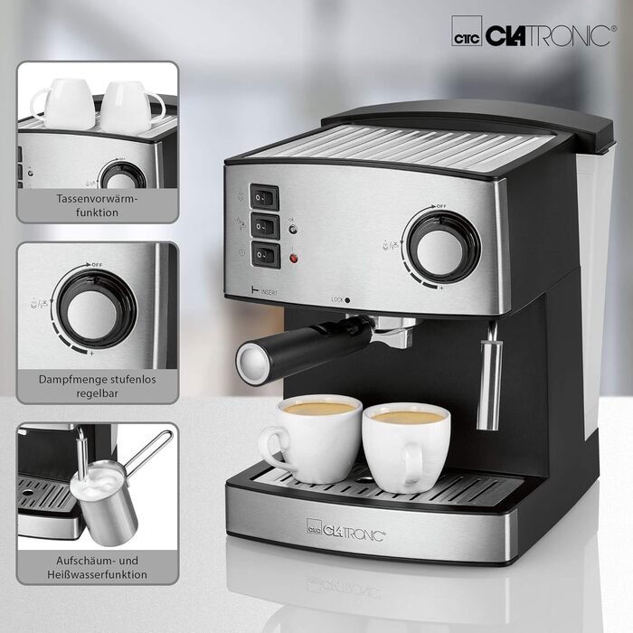 Еспресо-машина Clatronic ES 3643 Klassisch: 15 bar, 1,6 л резервуар, 2 диспетчери з капучинатором | 850 Вт