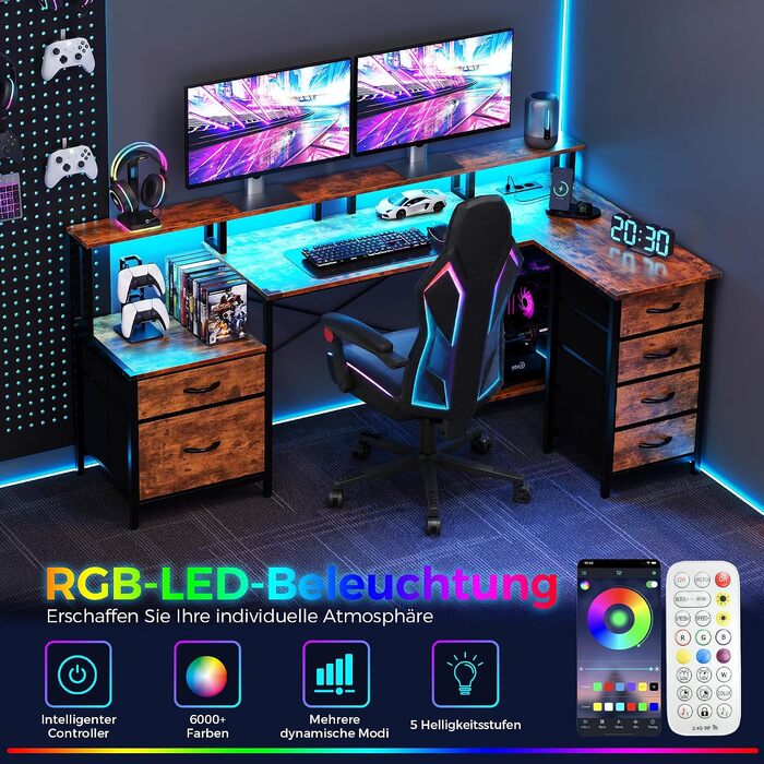 Ігровий кутовий стіл IRONCK L-подібний з LED-підсвіткою, розетками (2AC+1USB+1C), 6 шухлядами та підставкою для монітора, 189x100 см, Вінтажний коричневий