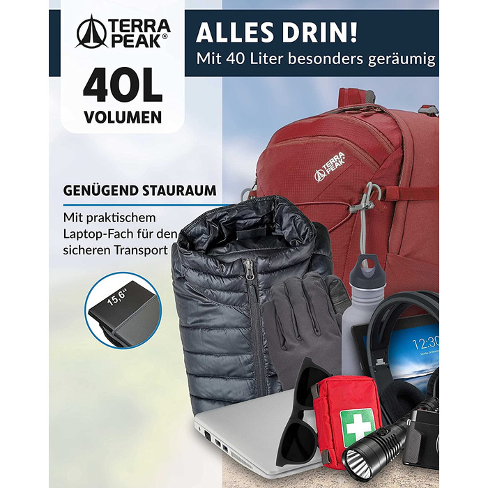 Туристичний рюкзак Terra Peak Flex 40 л, преміум, з вентиляцією спини, дощовиком і кріпленням для гідратора, 3D Air Mesh, з поясом, для трекінгу, темно-червоний