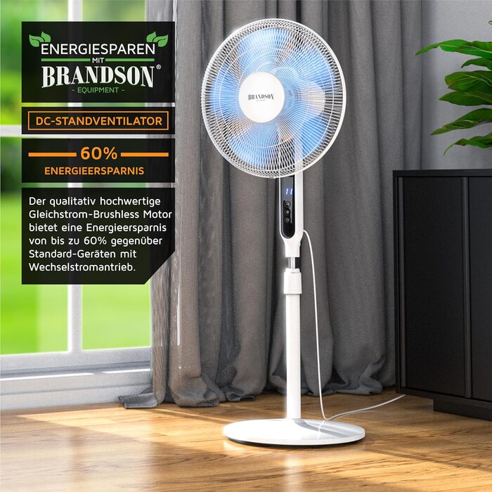 Підлоговий вентилятор Brandson ECO з безщітковим двигуном, тихий, енергозберігаючий, 12 швидкостей, LED дисплей, таймер, дистанційне керування, 80° осциляція, переможець 2024 року