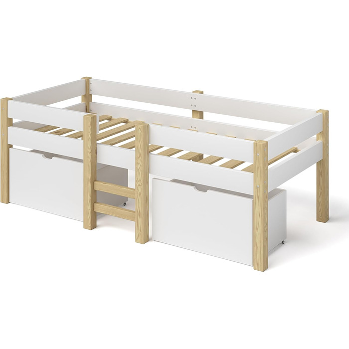Дитяче ліжко Bellabino 90x200 Aspy, біле напіввисоке з бортиком, масив дерева, з ламелями та 2 шухлядами, для хлопчиків і дівчаток, ліжко з місцем для зберігання