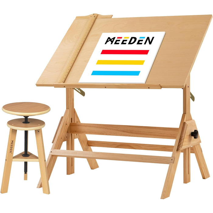 MEEDEN Стол для малювання з дерева, 96 x 60 см, з регульованою висотою, стільчик, для малювання, письма, графічного дизайну