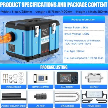 Автономний дизельний обігрівач VELPAX All in One 8кВт, 12V/24V/220V з Bluetooth, LCD-дисплеєм та пультом керування для кемпера, автобудинку та причепа