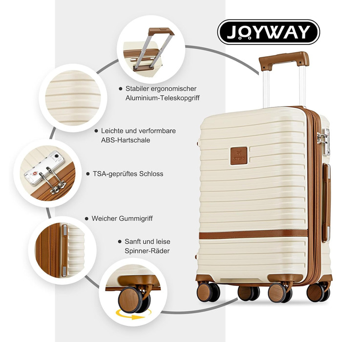 Набір дорожніх валіз Joyway 6 предметів, жорстка оболонка, з косметичкою, 4 колесами та TSA-замком, білий/коричневий