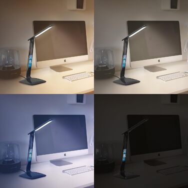 Настільна LED лампа Brandson з регулюванням яскравості, захистом очей, 3 кольорами світла (холодне, тепле, нейтральне), 5 рівнів яскравості, термометром, будильником і календарем, чорна