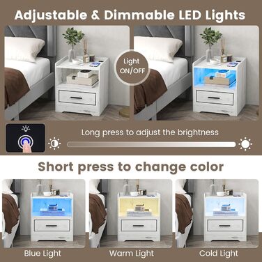 Тумба приліжкова GIANTEX з LED підсвіткою, 3 кольори, 2 шт, сенсор руху, USB та Type-C зарядка, біла