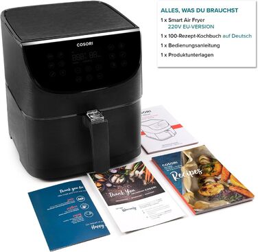 Розумна аерофритюрниця COSORI Smart WiFi 5,5л XXL з 13 програмами, керуванням через додаток та набором аксесуарів (6 предметів)