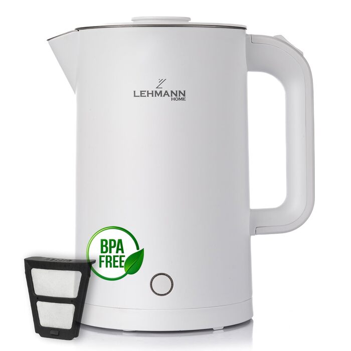 Електричний чайник Lehmann Edelstahl 1.7L, 2200W з подвійними стінками, автоматичне відключення, захист від перегріву, BPA-free, для дитячого харчування, чаю та кави (Білий)