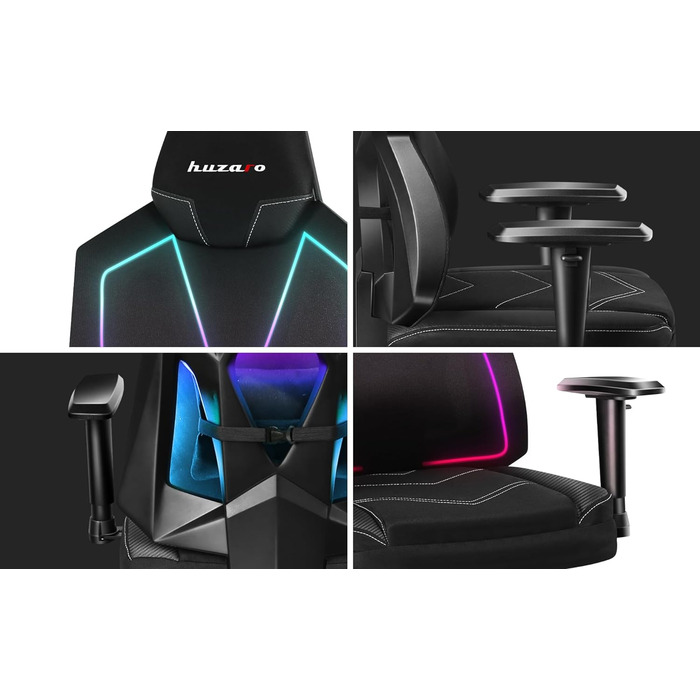 Ігрове крісло Huzaro Combat 6.2 Black RGB з LED підсвіткою, тканинне, чорне, регульована спинка, підлокітники та висота сидіння, для геймерів та офісу, витримує до 140 кг