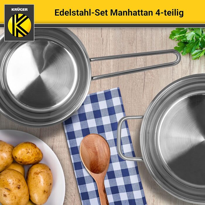 Набір каструль Krüger Manhattan з нержавіючої сталі, 4 предмети: 3 каструлі та сотейник зі скляною кришкою, термодно, зливний край