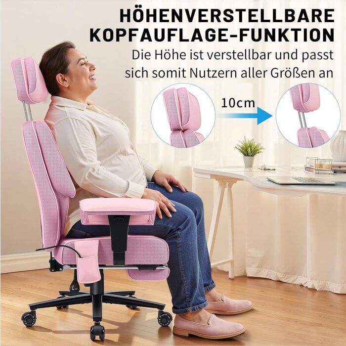 Офісний крісло HOFFREE Ergonomiczne для керівника, 220 кг, з підставкою для ніг, регульованою поперековою підтримкою, регульованою висотою підголівника, PU шкіра, чорне (рожева шкіра)