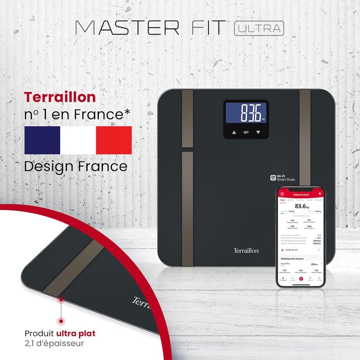 Розумні ваги TERRAILLON Master Fit Ultra з Wi-Fi, вимірюванням пульсу, аналізом жиру, м'язової, водної, кісткової та вісцеральної маси, ІМТ, підрахунком калорій