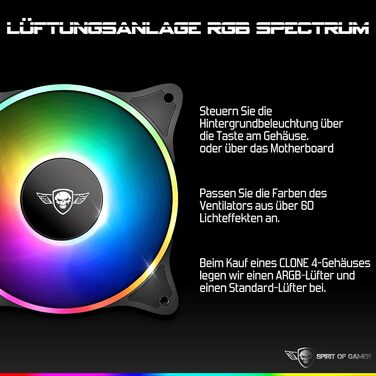 Корпус для ПК Spirit of Gamer Clone 4 RGB, прозора стінка із загартованого скла, для ігрового комп'ютера, середній Tower, сумісний з ATX/MATX/ITX, 2 адресовані вентилятори 120 мм у комплекті