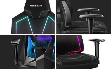 Ігрове крісло Huzaro Combat 6.2 Black RGB з LED підсвіткою, тканинне, чорне, регульована спинка, підлокітники та висота сидіння, для геймерів та офісу, витримує до 140 кг