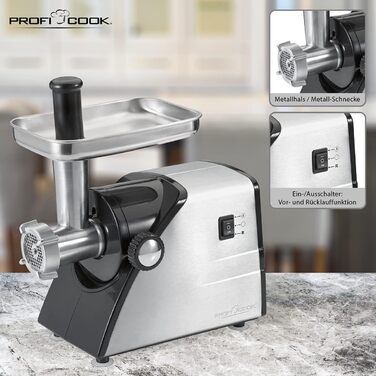 Електрична м'ясоподрібнювач Profi Cook PC-FW 1060 з набором аксесуарів, 1000W, нержавіюча сталь