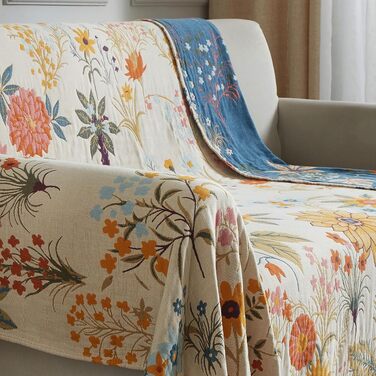 Покривало Bailix Premium Boho з 100% бавовни, двостороння муслінова ковдра з бахромою 150x200 см, декоративний плед для дивана та ліжка, синій/бежевий, принт Blumengarten