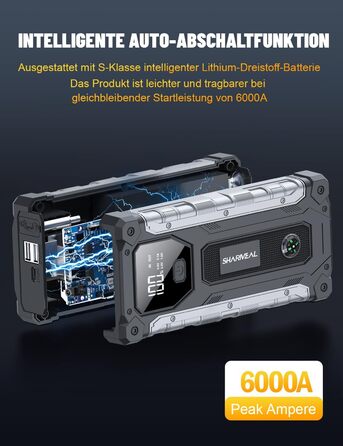 Powerbank для авто SHARMEAL 6000A: старт для бензинових та дизельних двигунів (до 10 л), 12V, LCD, LED ліхтарик