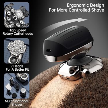 Електрична бритва для гоління голови чоловіча 9D Skull Shaver, водонепроникна IPX7, LCD-дисплей, 6-в-1 з тримером для носа, Type-C зарядка