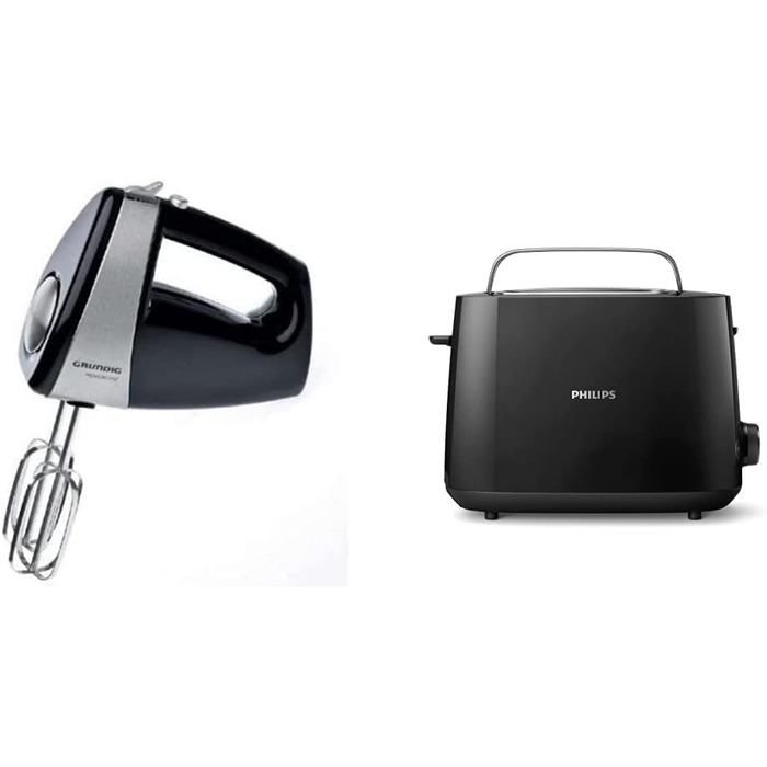 Набір: ручний міксер Grundig HM 5040 300 Вт чорний-сріблястий + тостер Philips HD2581/90 на 2 тости, 8 режимів, підставка для булочок, функція розморожування, автоматичне вимкнення, чорний