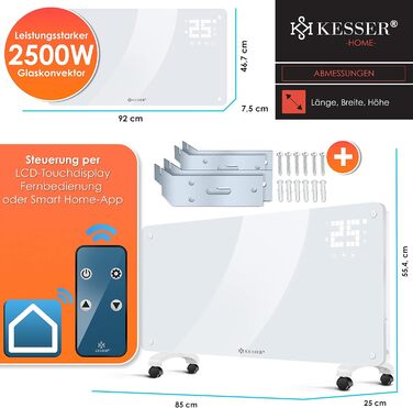 Скляний конвектор KESSER електрообігрівач 2500 Вт з WiFi, керуванням через APP та пультом, сенсорним дисплеєм та таймером, білий