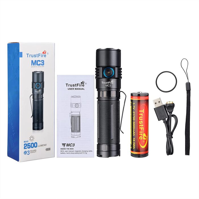 TrustFire LED ліхтарик MC3, надяскравий 2500 люмен, тактичний, IP68, акумулятор 21700, 5 режимів, міні-ліхтарик для полювання та надзвичайних ситуацій, чорний