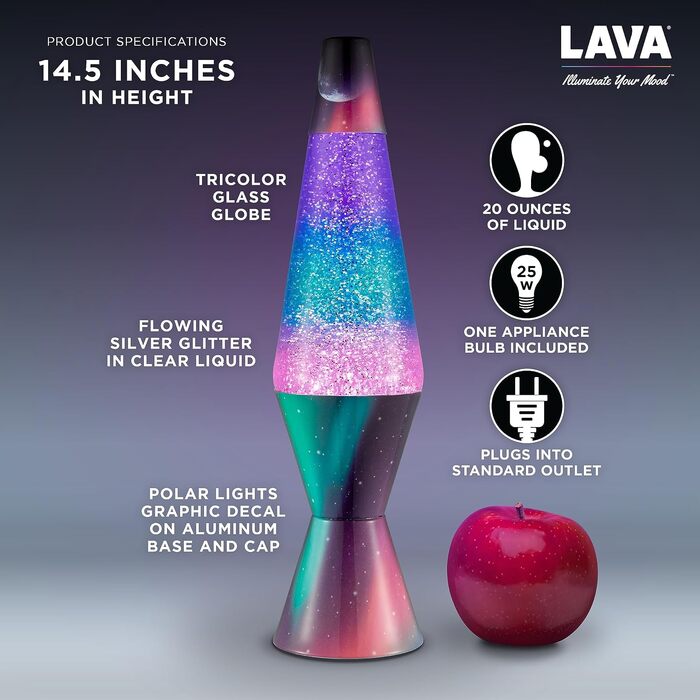 Лавова лампа Lava Original Polar Glimmer, 36.8 см — сріблястий блиск, багатоколірна підсвітка, декоративний нічник для дому