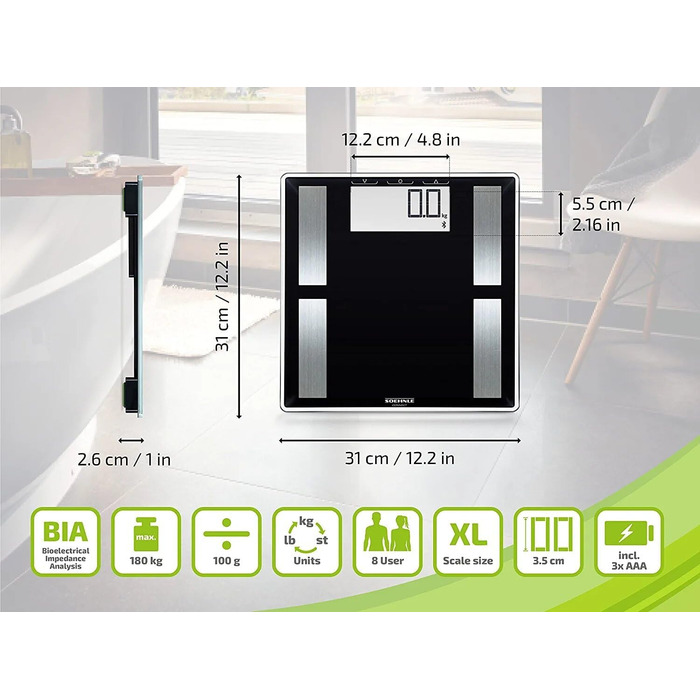 Ваги Soehnle Shape Sense Connect 50 з Bluetooth, аналітичні ваги для біоімпедансного аналізу тіла, електронна вага для вимірювання жиру, з великим LCD-дисплеєм, чорні, з мобільним додатком