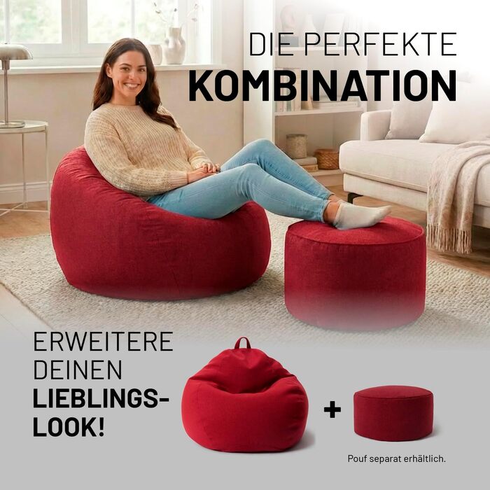 Мішок-крісло Lumaland Comfort Line 80x90x50 см, червоний - м'яке та зручне для дітей та дорослих, з EPS-гранулами (185 л)