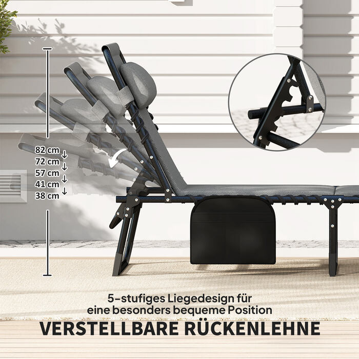 Складний садовий шезлонг Outsunny Sun Lounger з бічною сумкою-подушкою, м'який шезлонг з регульованою спинкою в 5 напрямках, стійкий до погодних умов шезлонг з навантаженням до 120 кг, для садового пляжу темно-сірий