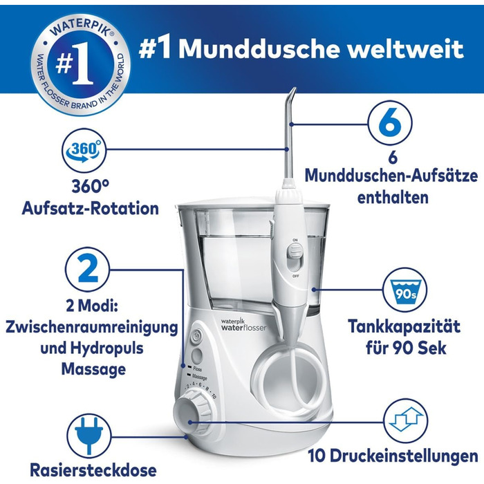 Waterpik Ultra Professional: Іригатор для порожнини рота, 6 насадок, 10 режимів, білий