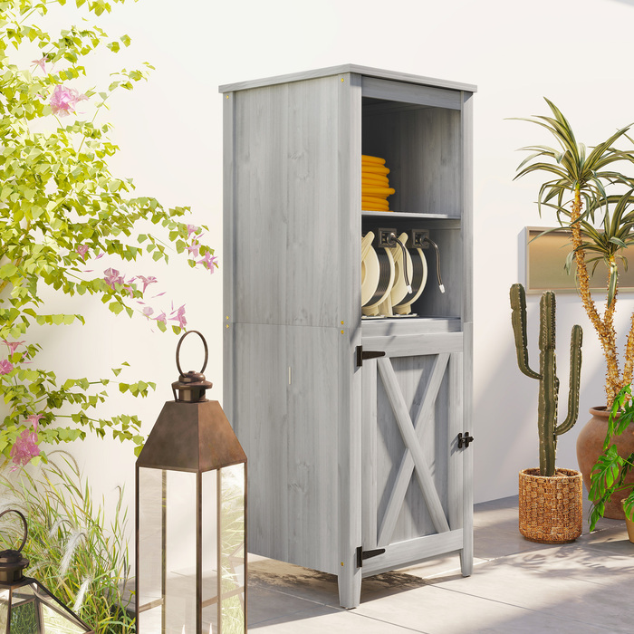 Outsunny Garden Шафа з дерева, Садовий сарай стійкий до погодних умов 60x60x160см, Садовий сарай з дверима, регульовані по висоті полиці, Садова шафа, що закривається, Садовий сарай для саду, Тераса, Задній двір, Світло-сірий