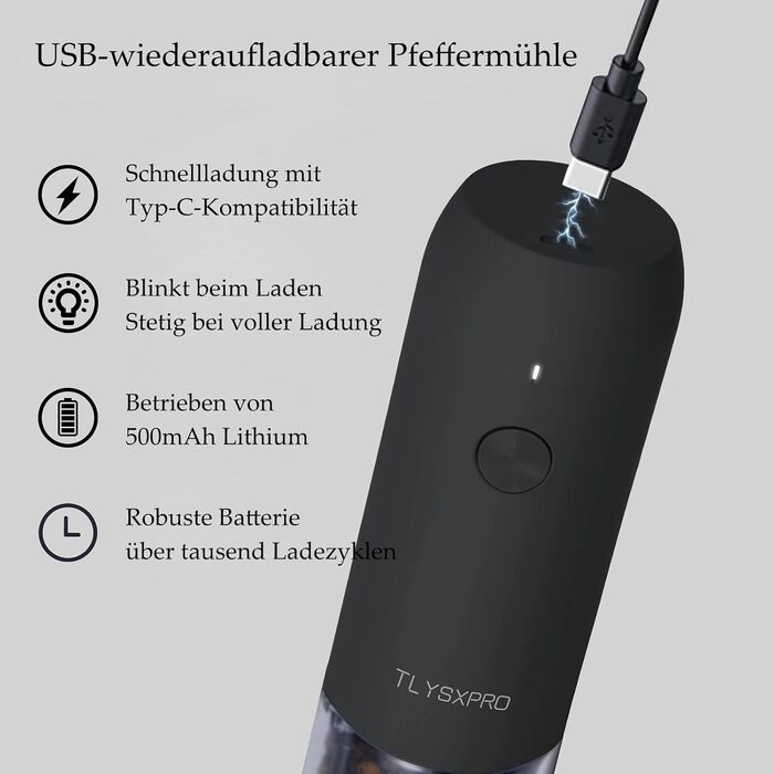 Електричні мельниці для солі та перцю TLYSXPRO 2 шт. USB, регулювання помелу, LED-підсвітка, чорний та білий