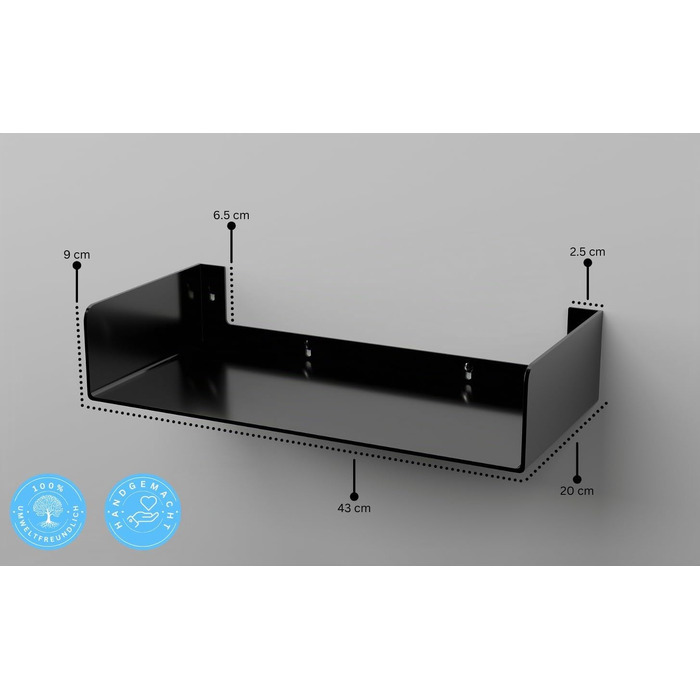Металеві настінні полиці KIVO U-подібної форми для книг, 43 см, чорні - комплект з 2 шт. для вітальні, спальні, офісу, кухні, ванної