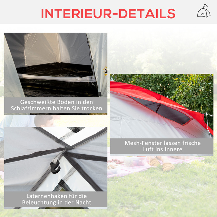 Outsunny Camping Tent, Тунельний намет на 6 осіб з 2 спальнями, вітальня, тамбур, вітрозахисний сімейний намет UV50+ з сумкою для перенесення, 2000 мм водовідштовхувальний засіб для кемпінгу, саду, сірий