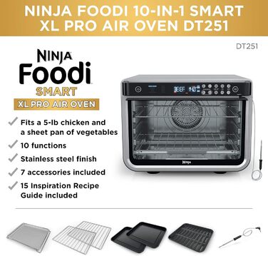 Мультипіч Ninja Foodi DT251 Smart XL 10-в-1: Аерогриль, духовка, тостер, гриль, з термометром, срібляста