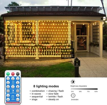 Сонячна сітка-ліхтарик 3x2 м 200 LED для вулиці, тепле біле світло, гірлянда на кущі з пультом, таймером, 8 режимів, для саду, Хелловіну, весілля