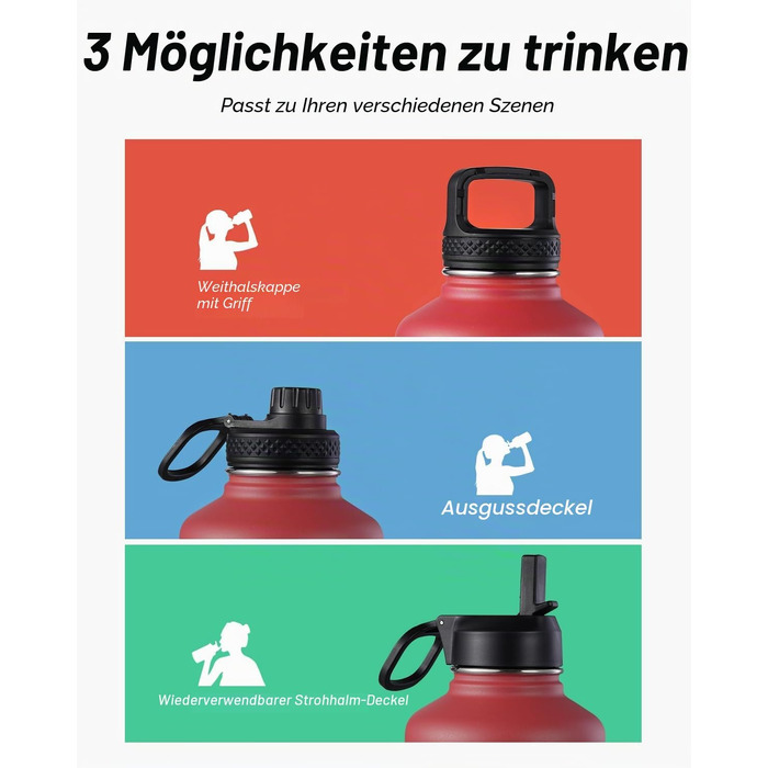 Термофляга Coolflask 2л зі сталі з трубою та 3 кришками, ізольована пляшка для води для спорту та офісу, герметична, червона