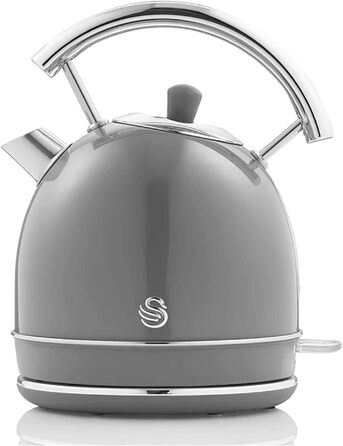 Електрочайник Swan Retro 1,8 л, 3000 Вт, вінтажний дизайн, Strix, бездротовий, BPA-free нержавійка, сірий