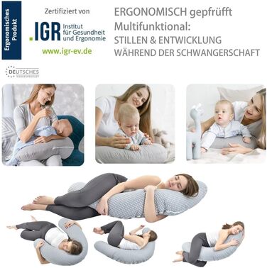 Подушка для годування sei Design XXL 190x30 см – персоналізована, з іменем та датою народження, подарунок для немовлят, хлопчика чи дівчинки, сіра, велика, зіркове небо, подушка для вагітних