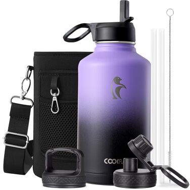 Термобутилка Coolflask з соломиною та 3 кришками, сталева ізольована пляшка для води 2Л для спорту та офісу, герметична, Фіолетовий/Чорний