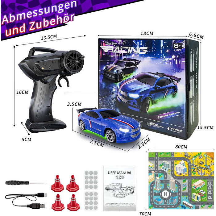 RC Дрифт-кар Mini Drift 1/64 з LED підсвіткою, 2 режими швидкості, 2.4GHz, блакитний – іграшка для дітей та дорослих, комплект з трасою та перешкодами