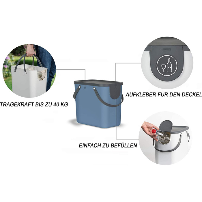 Система сортування сміття Rotho Albula 25 л для кухні, пластик PP, BPA-free, синій/антрацитовий, 40x23,5x34 см