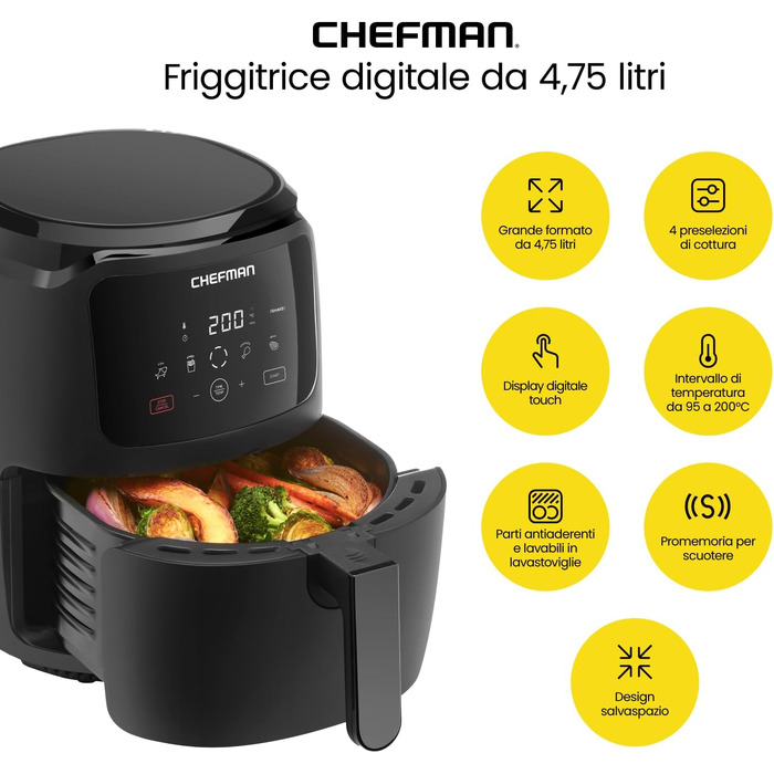 Електрична аерофритюрниця Chefman 4.75 л, цифрова керування One Touch, антипригарне покриття, чорна
