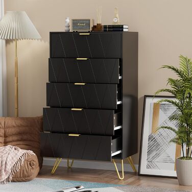 Комод UEV з 5 висувними ящиками, 60x34x110 см, сучасний чорний шафа для зберігання, тумба у вітальню, спальню чи коридор