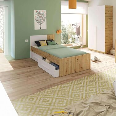 Ліжко дитяче Habitdesign Noa з 2 шухлядами, білий та дуб Nodi, 97x77x196 см (без ламелей)