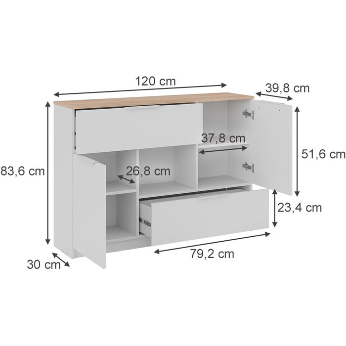 Комод Vicco Betti білий/дуб сонома 120x84 см, 2 двері, 2 шухляди, 1 відкрита полиця