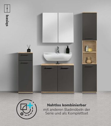 Підвісний шафка-тумбочка під раковину Mokebo® 'Der Waschbär', 60x70x34 см, для ванної кімнати, з дерева, білий матовий, (дуб-чорний, з дзеркалом)